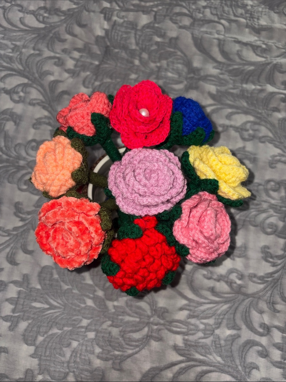 Nine Handmade Crochet Flower Bouquet Pens